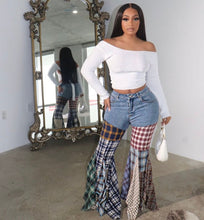 Load image into Gallery viewer, “Poppy” Plaid Patchwork Fit and Flared Denim Jeans
