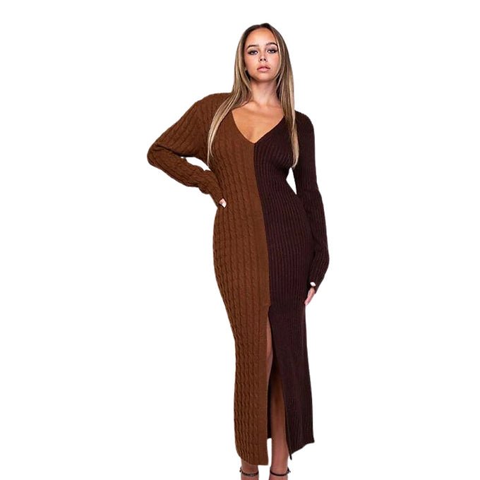 Cable Knitted Brown Contrast Maxi Dress