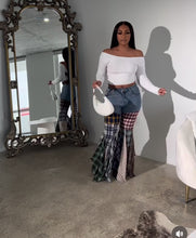 Load and play video in Gallery viewer, “Poppy” Plaid Patchwork Fit and Flared Denim Jeans
