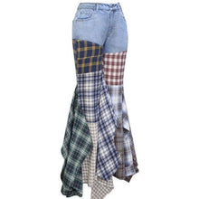 Load image into Gallery viewer, “Poppy” Plaid Patchwork Fit and Flared Denim Jeans - Modish Mocha
