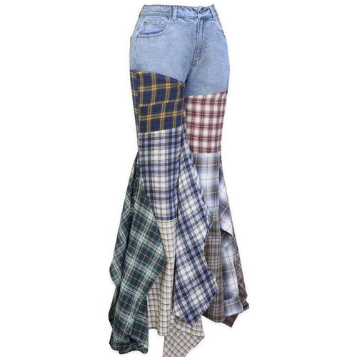 “Poppy” Plaid Patchwork Fit and Flared Denim Jeans - Modish Mocha