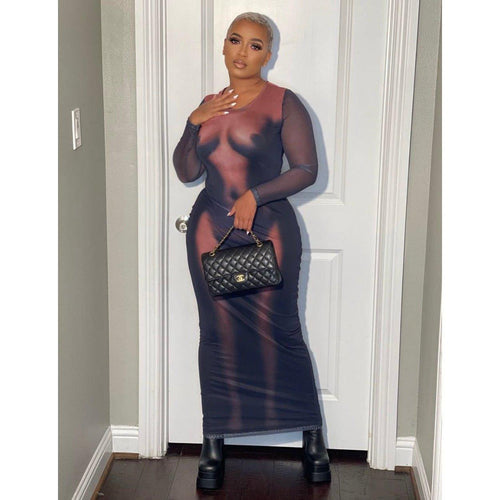 “Bare” Body Printed Mesh Maxi Bodycon Dress - Modish Mocha